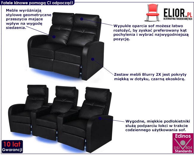 Produkt Czarne fotele kinowe z LED 2 + 3-osobowe – Blurry 2X