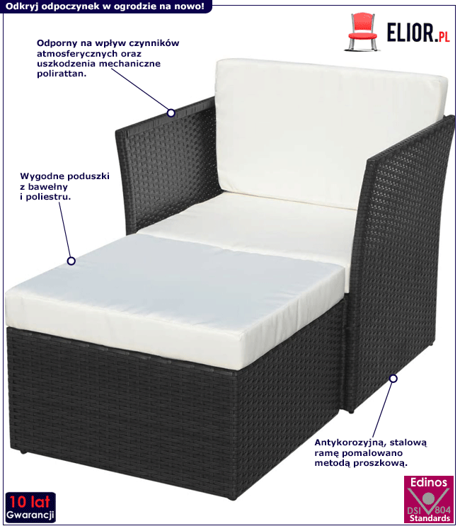 Czarny fotel ogrodowy z podnóżkiem Laurell infografika