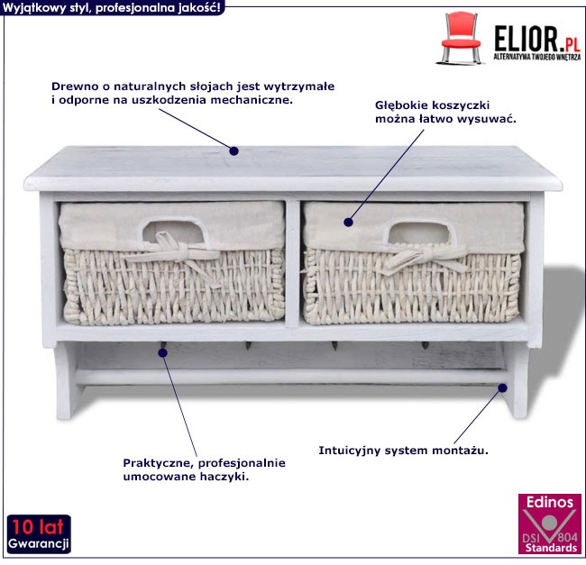 Produkt Biała drewniana półka ścienna z szufladami na klucze - Anga