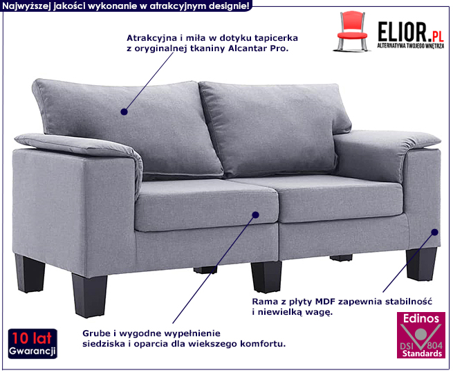 Ekskluzywna dwuosobowa jasnoszara sofa Ezof 2Q