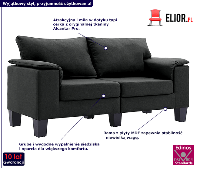 2-osobowa czarna sofa Ezof 2Q, podłokietniki 