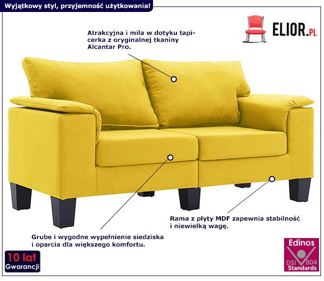 2-osobowa żółta sofa Ekilore 2Q, podłokietniki