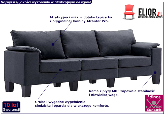 Ekskluzywna trzyosobowa ciemnoszara sofa Ekilore 3Q