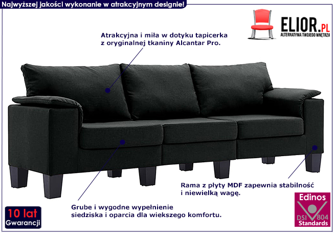 Trzyosobowa czarna sofa Ekilore 3Q