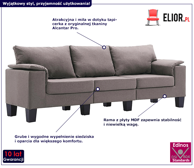 Ekskluzywna 3-osobowa taupe sofa Ekilore 3Q