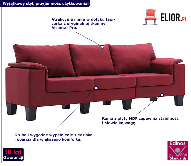 3-osobowa czerwona sofa Ezof 3Q, podłokietniki