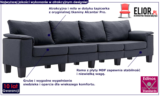 Ekskluzywna 4-osobowa ciemnoszara sofa Ekilore 4Q