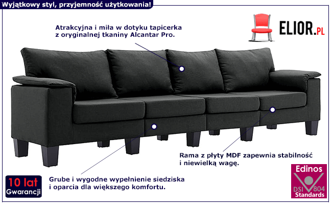 Ekskluzywna 4-osobowa czarna sofa Ekilore 4Q