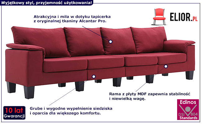 Ekskluzywna 4-osobowa czerwona sofa Ekilore 4Q