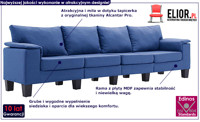 Ekskluzywna czteroosobowa niebieska sofa Ekilore 4Q