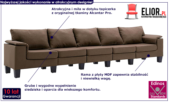 Ekskluzywna 5-osobowa brązowa sofa Ekilore 5Q