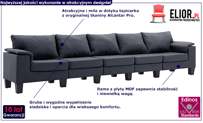 Ekskluzywna 5-osobowa ciemnoszara sofa Ezof 5Q