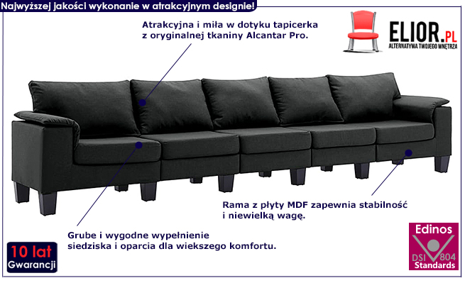 Ekskluzywna 5-osobowa czarna sofa Ekilore 5Q