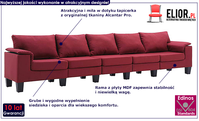 Ekskluzywna 5-osobowa czerwona sofa Ekilore 5Q