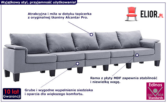 Ekskluzywna 5-osobowa jasnoszara sofa Ekilore 5Q