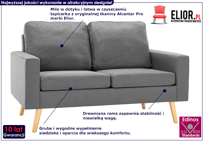 Dwuosobowa jasnoszara sofa z tkaniny Eroa 2Q 