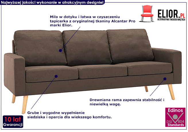 Trzyosobowa brązowa sofa z tkaniny Morivo 3Q 