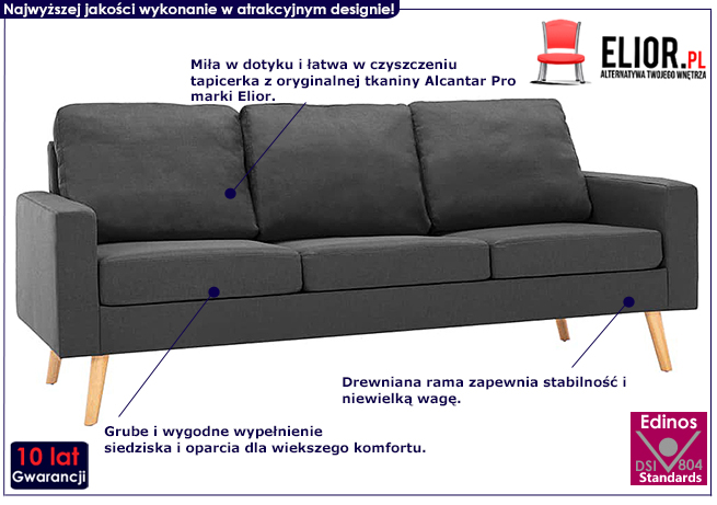 Trzyosobowa ciemnoszara sofa z tkaniny Eroa 3Q 
