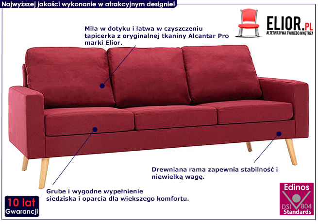 Trzyosobowa czerwona sofa z tkaniny Morivo 3Q