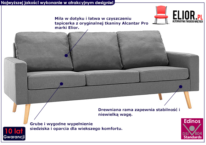 Trzyosobowa jasnoszara sofa z tkaniny Eroa 3Q