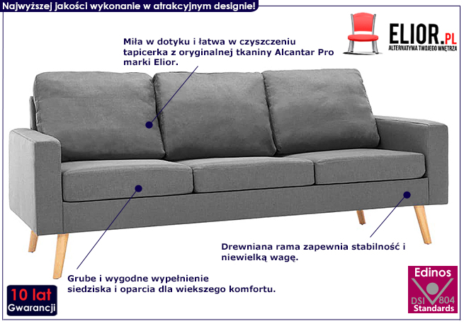 Trzyosobowa jasnoszara sofa z tkaniny Morivo 3Q