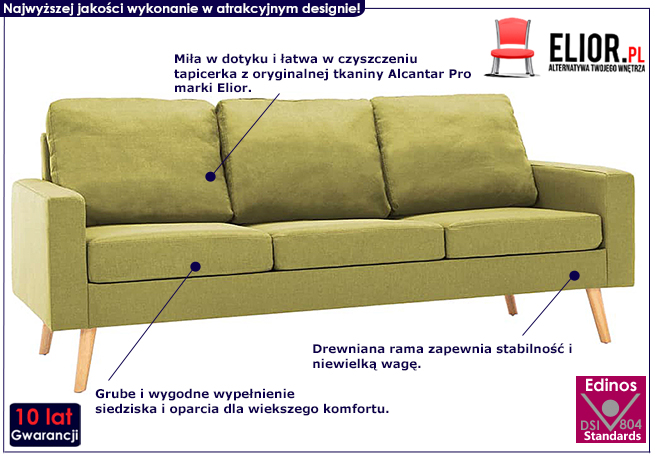 Trzyosobowa zielona sofa z tkaniny Muria 3Q