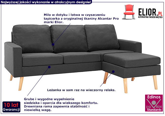 3-osobowa ciemnoszara sofa Eroa 4Q z podnóżkiem