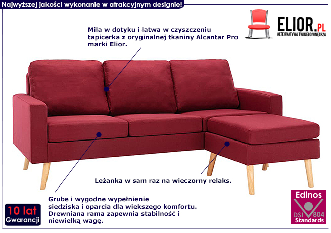 3-osobowa czerwona sofa Eroa 4Q z podnóżkiem