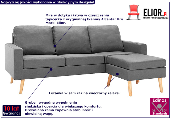 3-osobowa jasnoszara sofa Muria 4Q z podnóżkiem