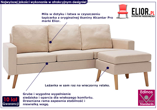3-osobowa kremowa sofa Eroa 4Q z podnóżkiem 