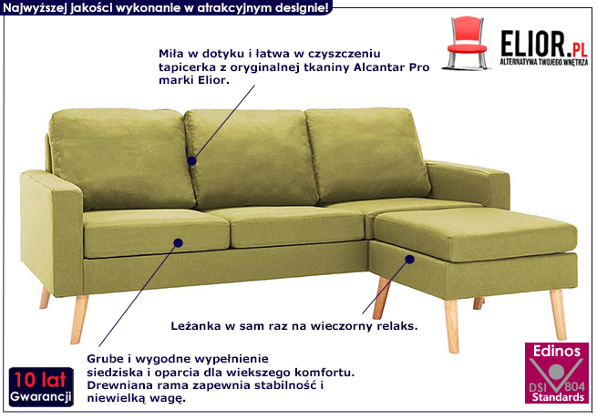 3-osobowa zielona sofa Morivo 4Q z podnóżkiem