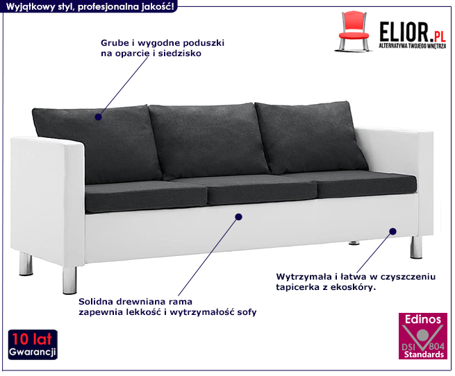 Produkt Atrakcyjna 3-osobowa sofa Karlo 3Q - biało-ciemnoszara