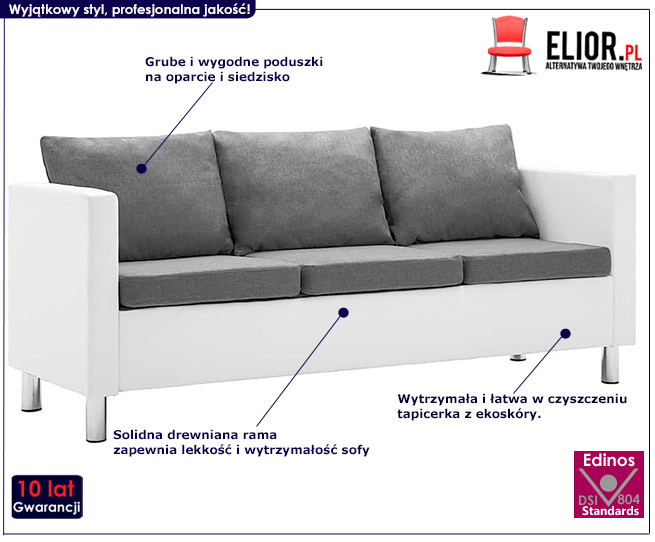 Produkt Atrakcyjna 3-osobowa sofa Karlo 3Q - biało-jasnoszara