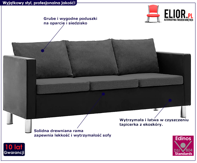 Produkt Atrakcyjna 3-osobowa sofa Karlo 3Q - czarno-ciemnoszara