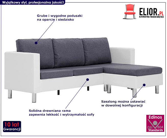 Produkt Atrakcyjny narożnik z szezlongiem biało-ciemnoszary - Karlo 4Qbiało-ciemnoszara