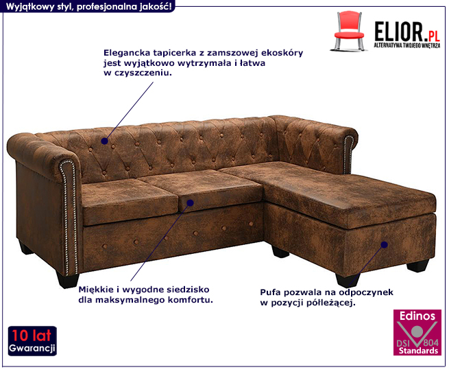 Produkt Narożnik w stylu Chesterfield z leżanką Charlotte 4Q - brązowy