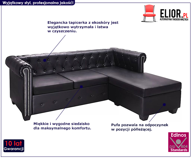 Produkt Narożnik z leżanką w stylu Chesterfield Charlotte 4Q - czarny