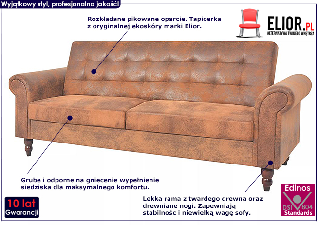 Rozkładana pikowana brązowa sofa Image