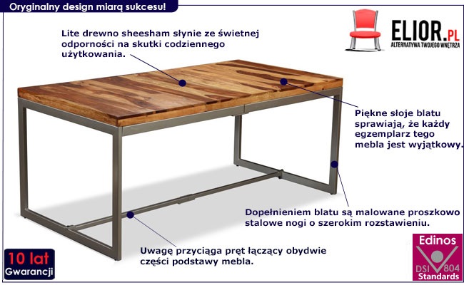 Industrialny stół z litego drewna sheesham Varel 