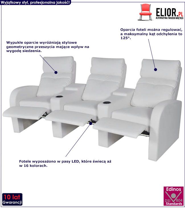 Produkt Rozkładane fotele kinowe z ekoskóry Mevic 3X – białe