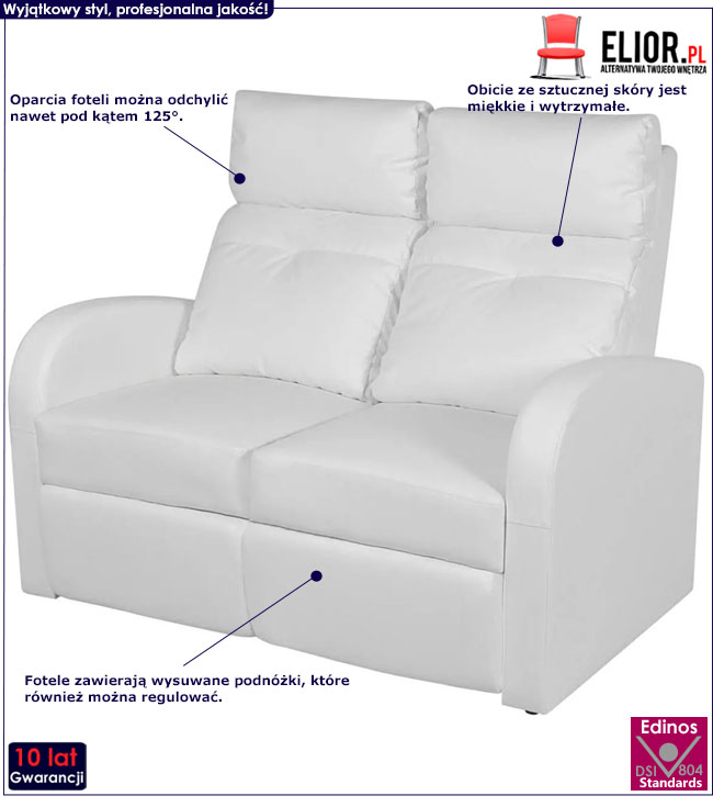 Produkt Podwójne rozkładane fotele kinowe z ekoskóry Mevic 2X – białe 