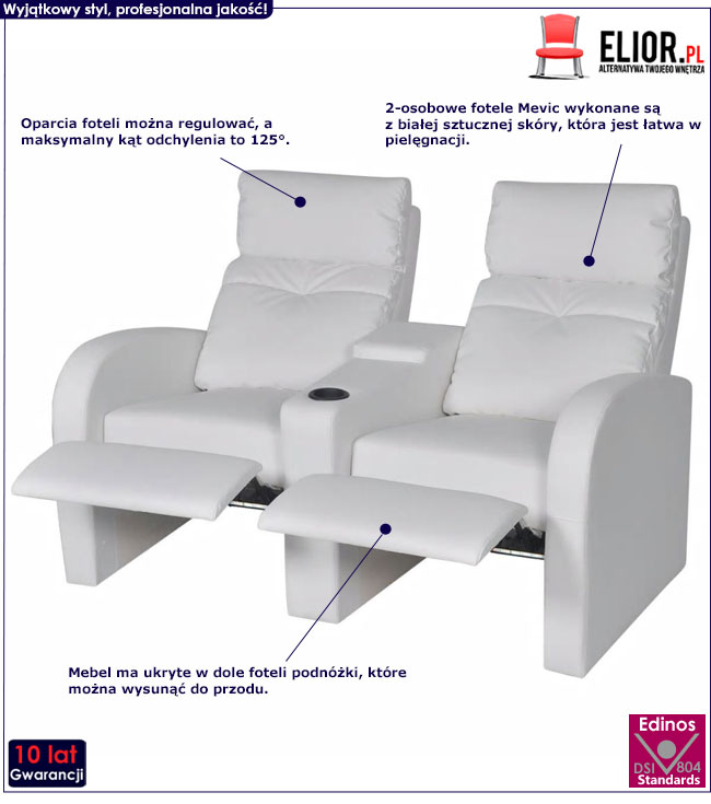 Produkt Kinowe fotele rozkładane z ekoskóry Mevic – białe
