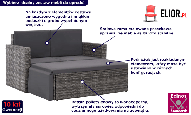 Produkt  2-cz. szary komplet rattanowy do ogrodu – Ausie 