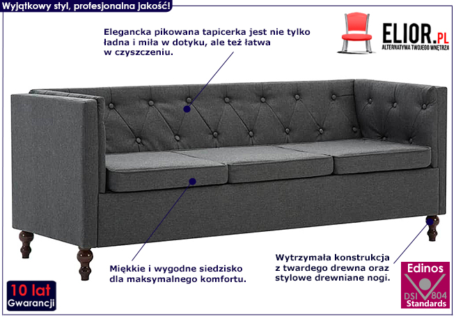 3-osobowa Sofa James 3Q, Chesterfield, ciemnoszara