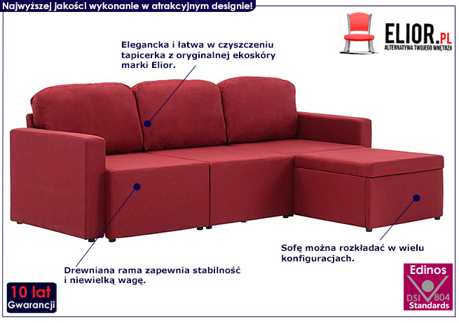 Rozkładana sofa z ekoskóry czerwone wino Lanpara 4Q 