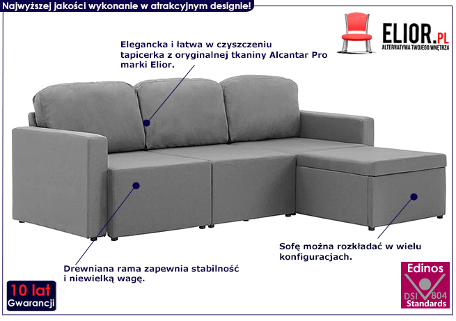 Rozkładana sofa z tkaniny jasnoszara Odi 4Q