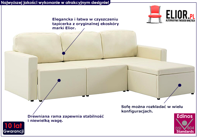 Rozkładana sofa z ekoskóry jasnokremowa Lanpara 4Q