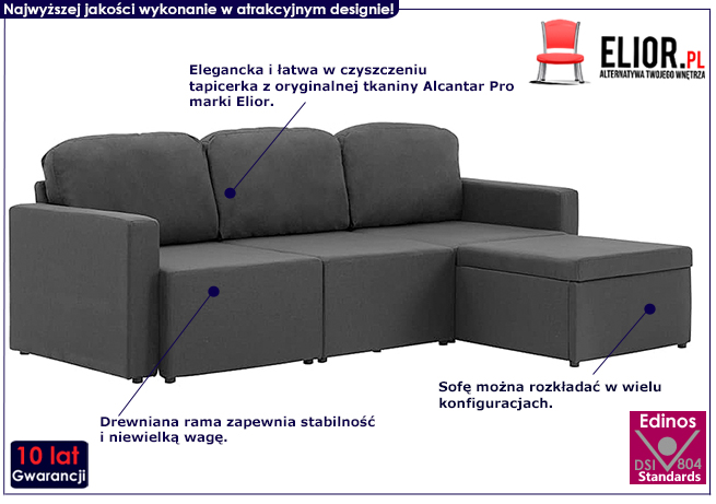 Rozkładana sofa z tkaniny ciemnoszara Odi 4Q
