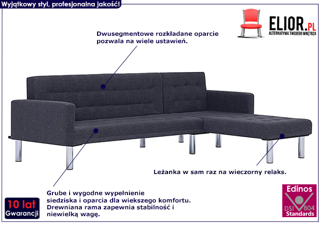 Sofa rozkładana Lirena, ciemnoszara, w kształcie L