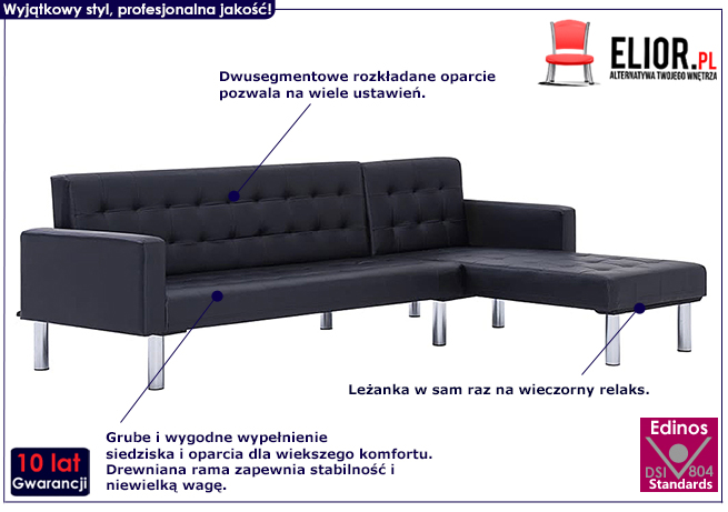 Sofa rozkładana Lidia, czarna, w kształcie litery L